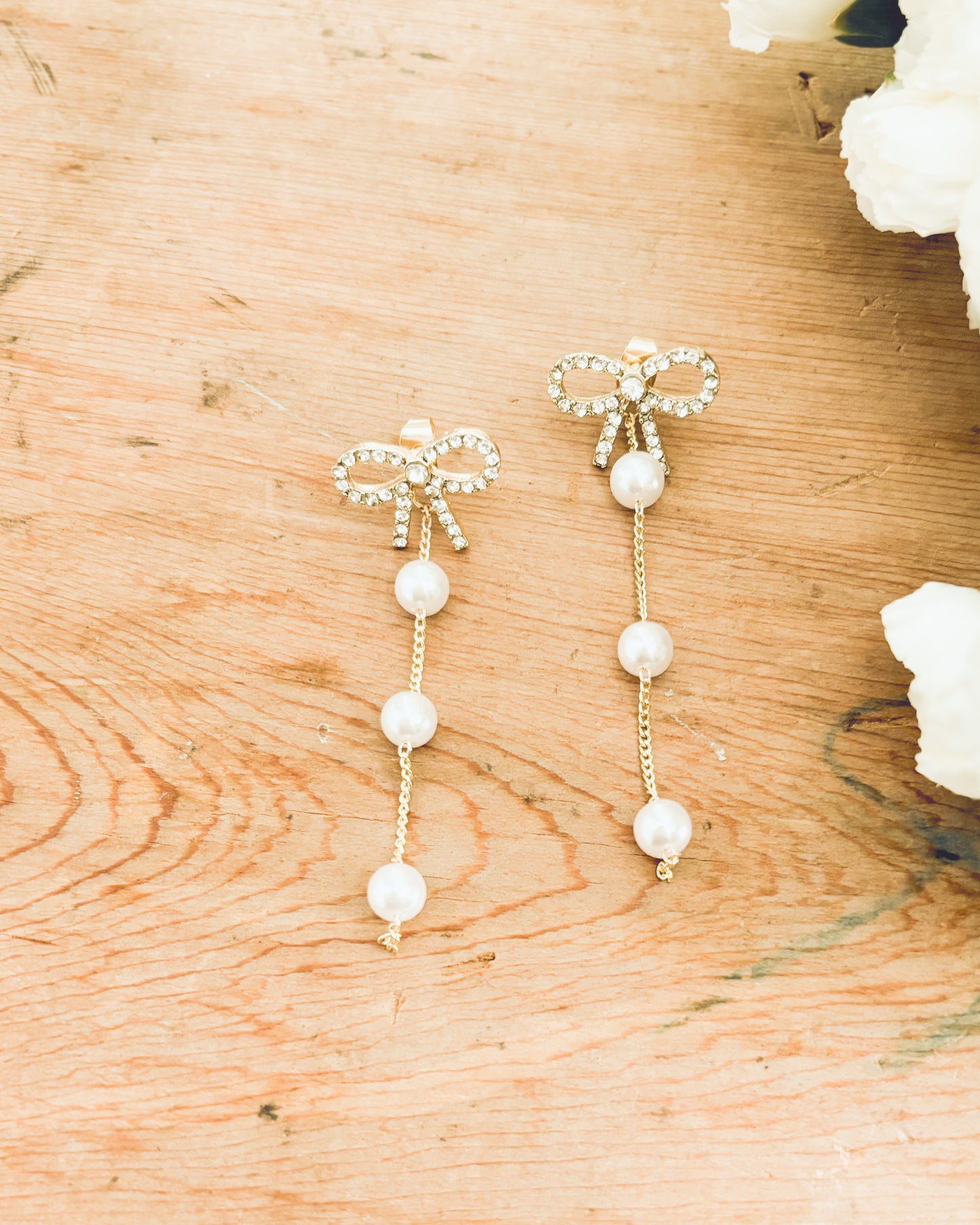 Beautiful Crystal Bow and Pearl Drop Earrings