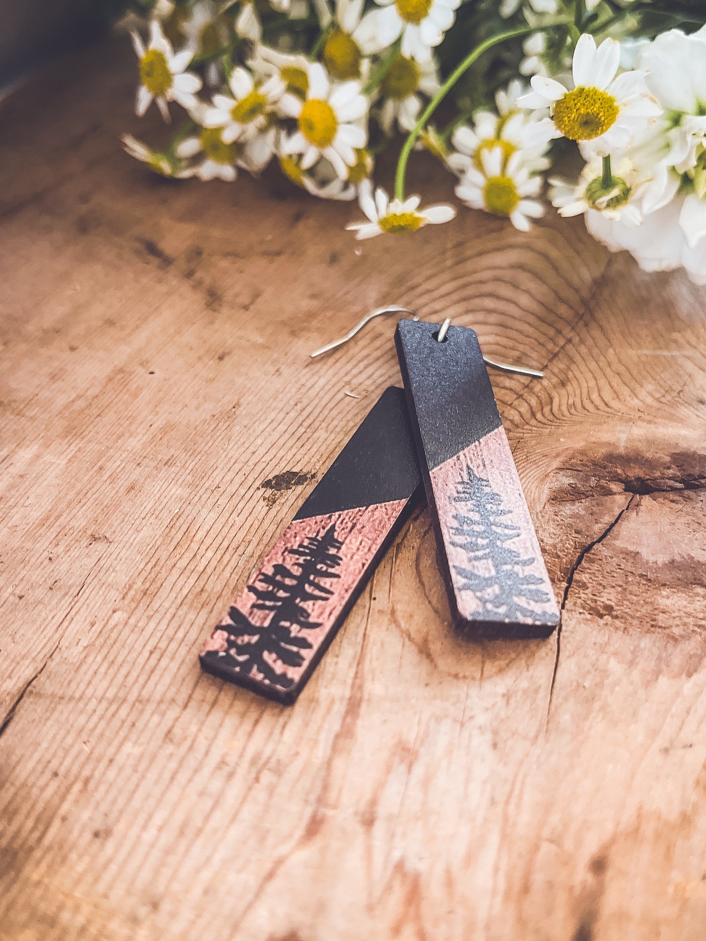 Beautiful Black and Wood Tree Earrings