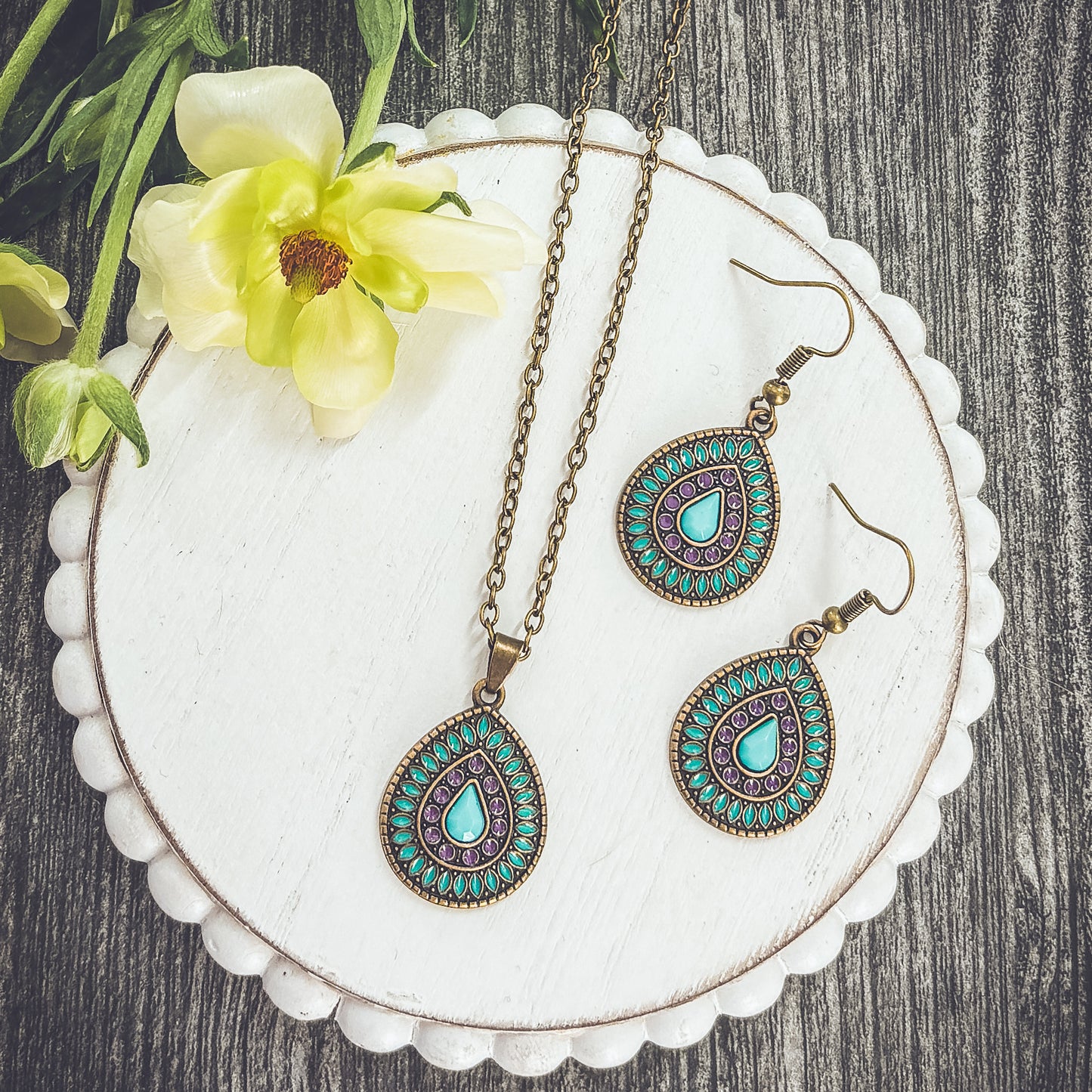 Beautiful Boho Turquoise and Purple Necklace and Earring Set