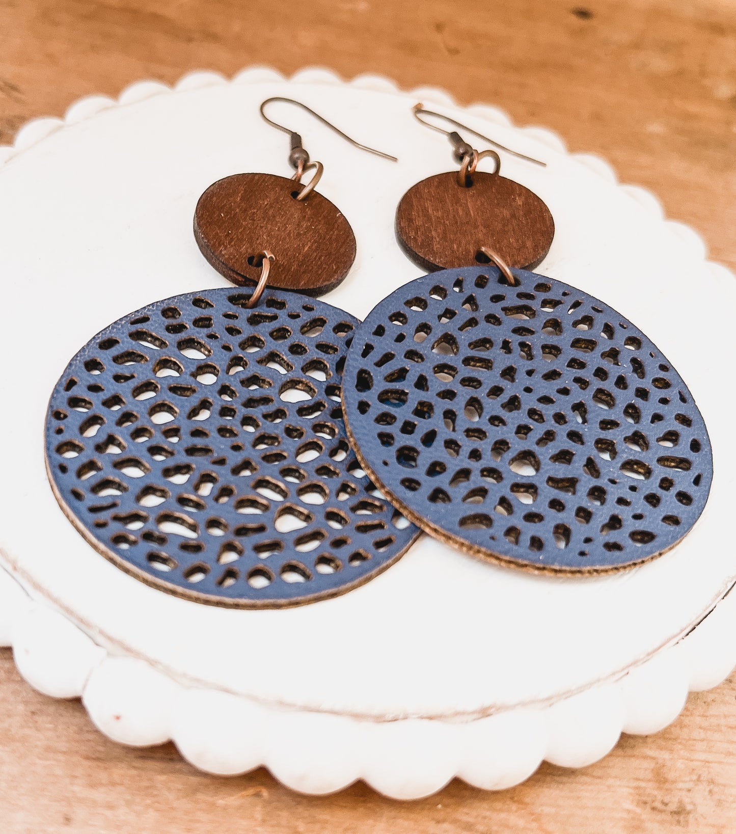 Beautiful Navy Blue Leather and Wood Earrings