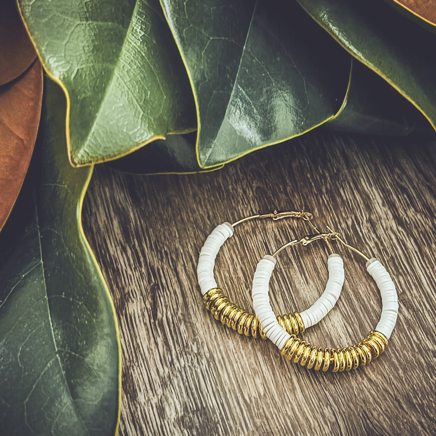 Beautiful White and Gold Clay Hoops