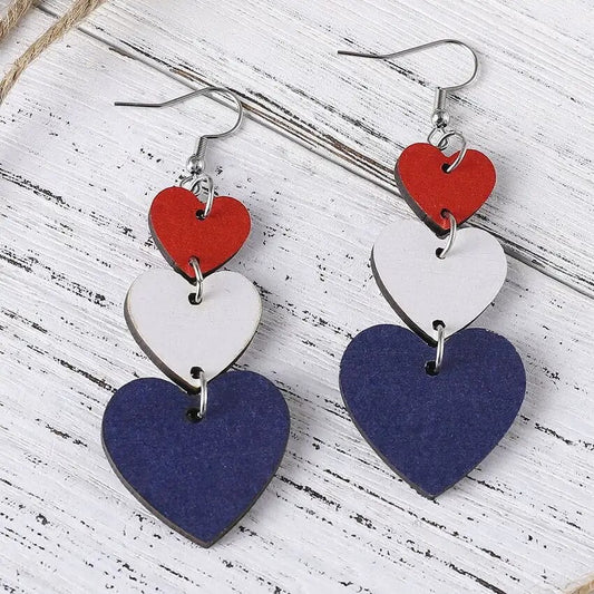 Beautiful Red, White, and Blue Wooden Heart Drop Earrings