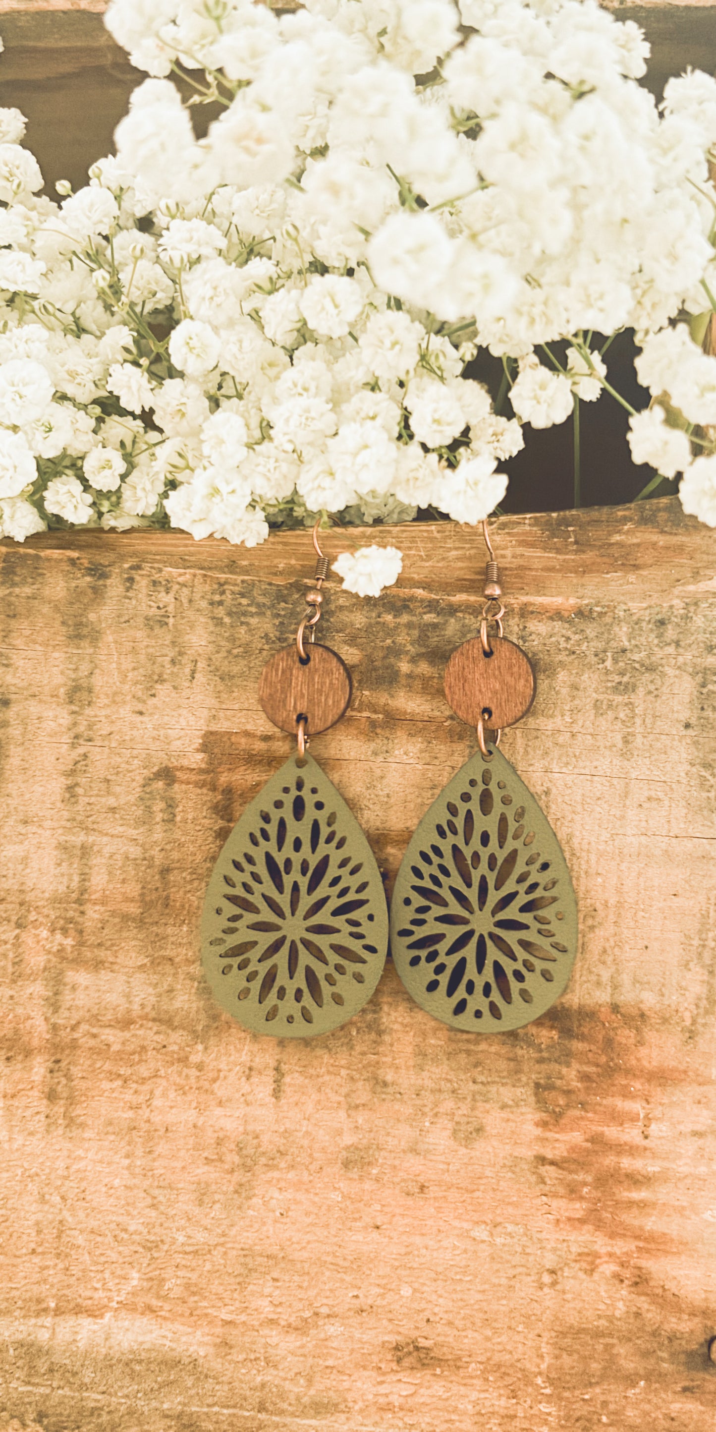 Beautiful Green Leather and Wood Earrings