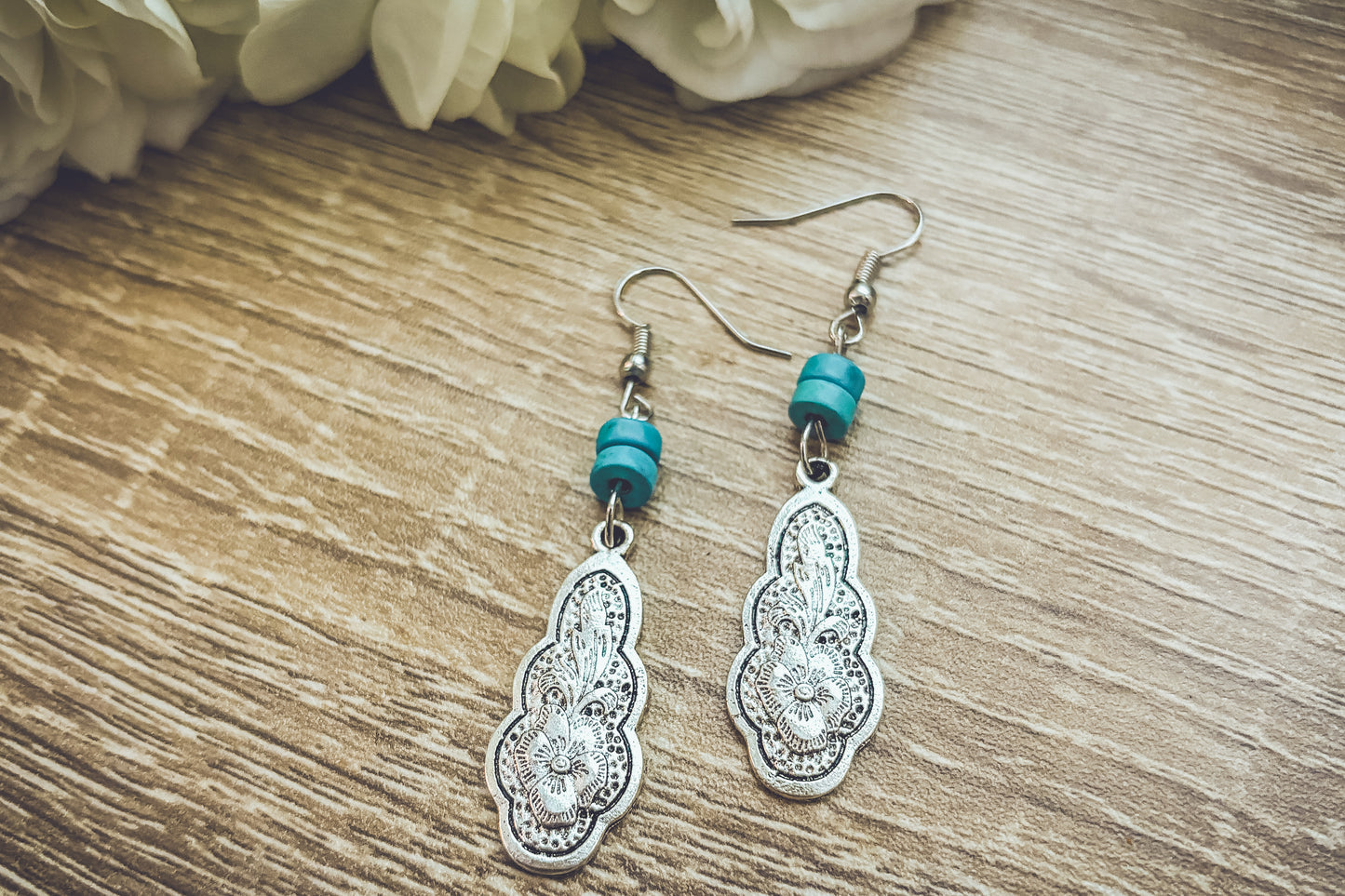 Bohemian Carved Silver and Turquoise Flower Earrings