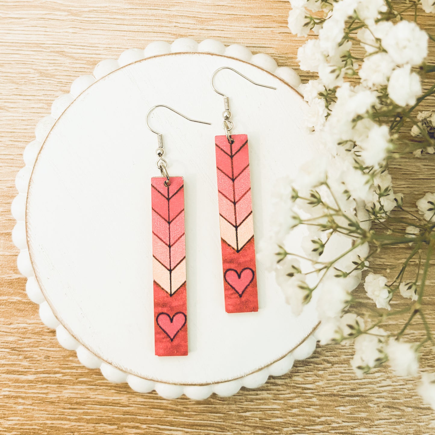 Beautiful Pink Heart Wood Earrings