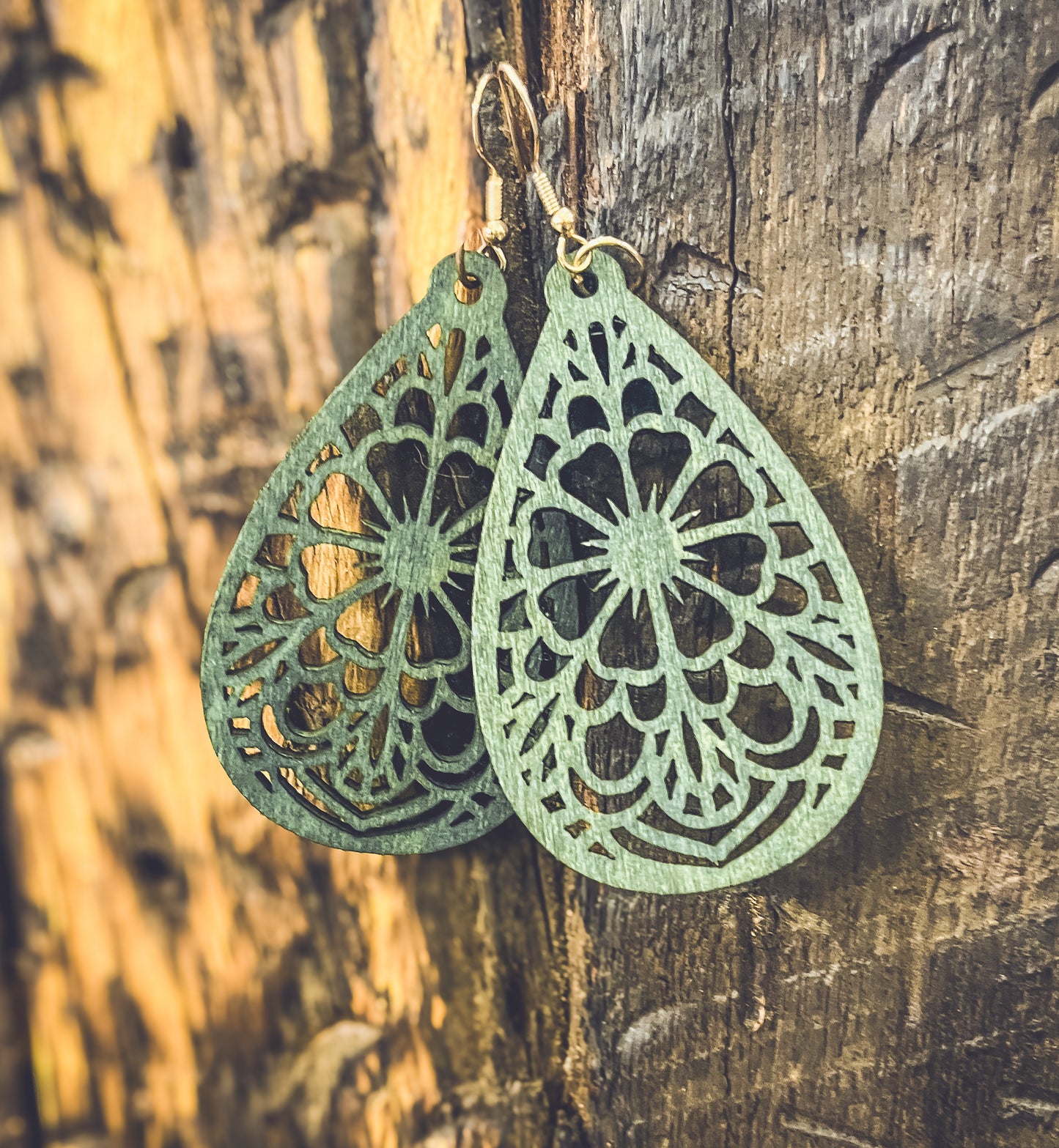 Beautiful Green Laser Cut Wood Floral Earrings