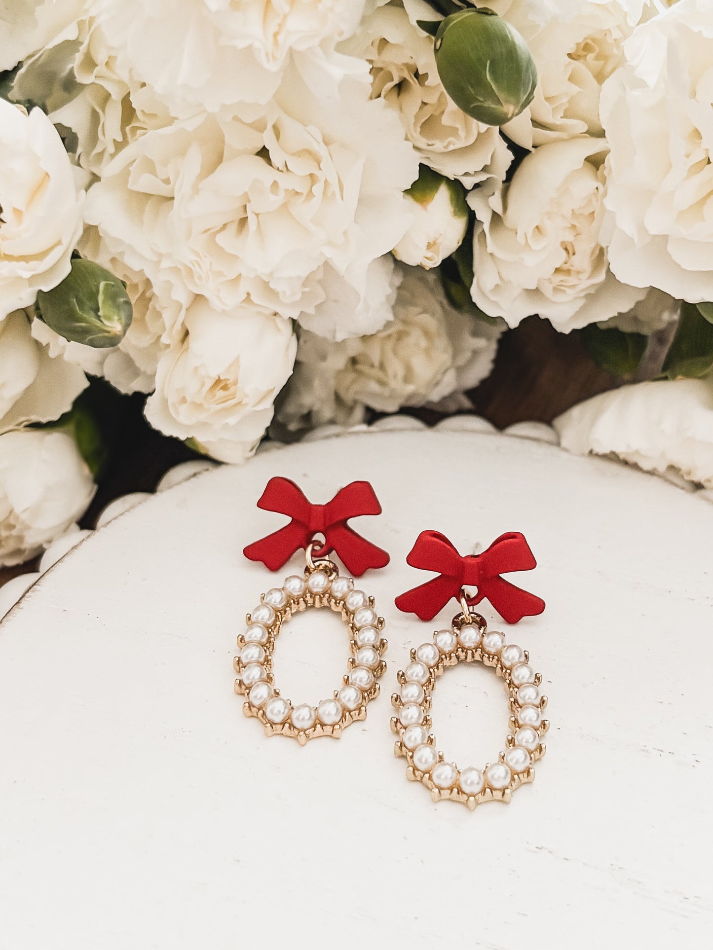 Beautiful Red Bow and Pearl Earrings