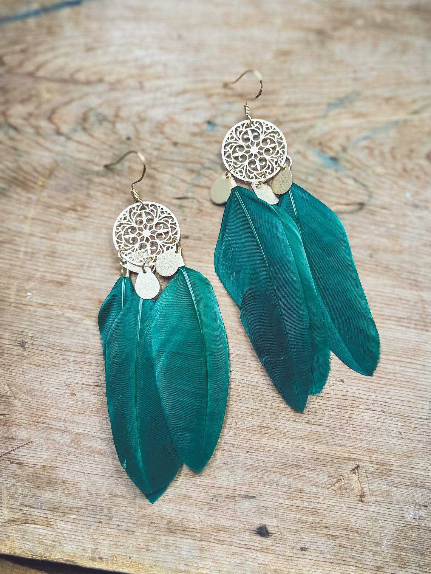 Beautiful Gold and Green Feather Earrings