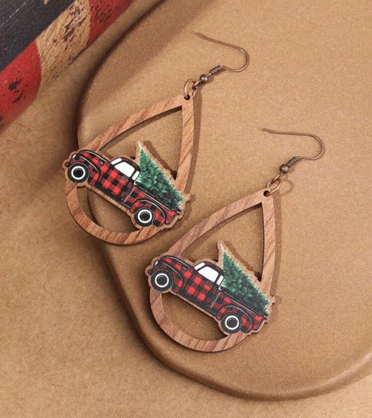 Adorable Vintage Truck and Christmas Tree Wooden Drop Earrings