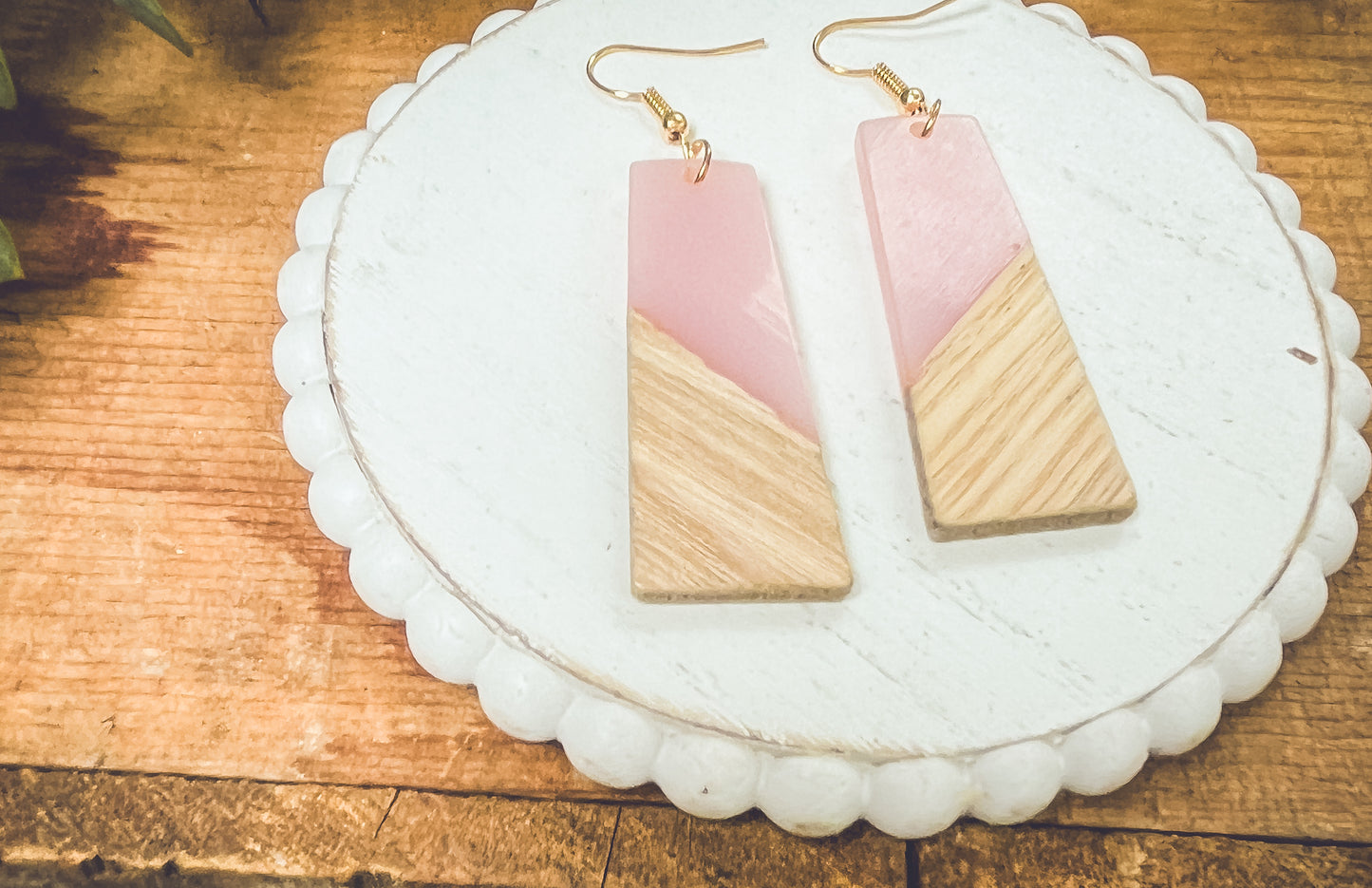 Beautiful Pink Resin and Wood Earrings