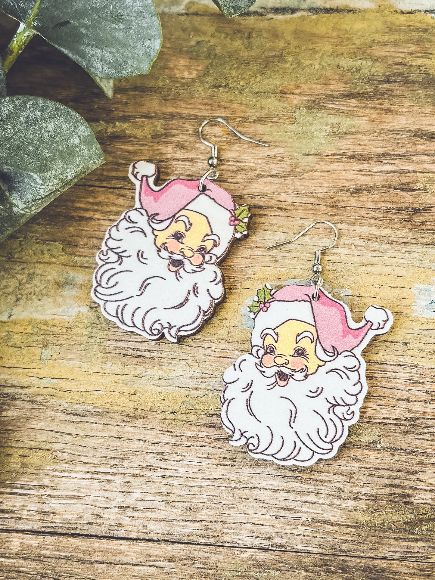 Adorable Wooden Santa Earrings