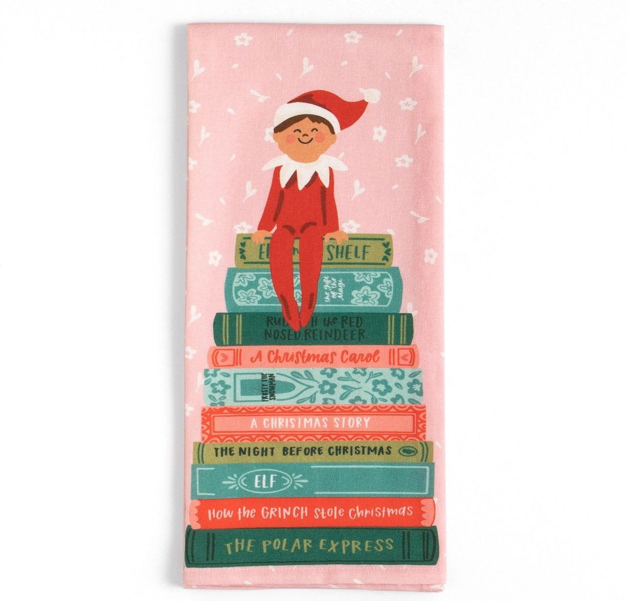 Holiday Elf Book Stack Tea Towel