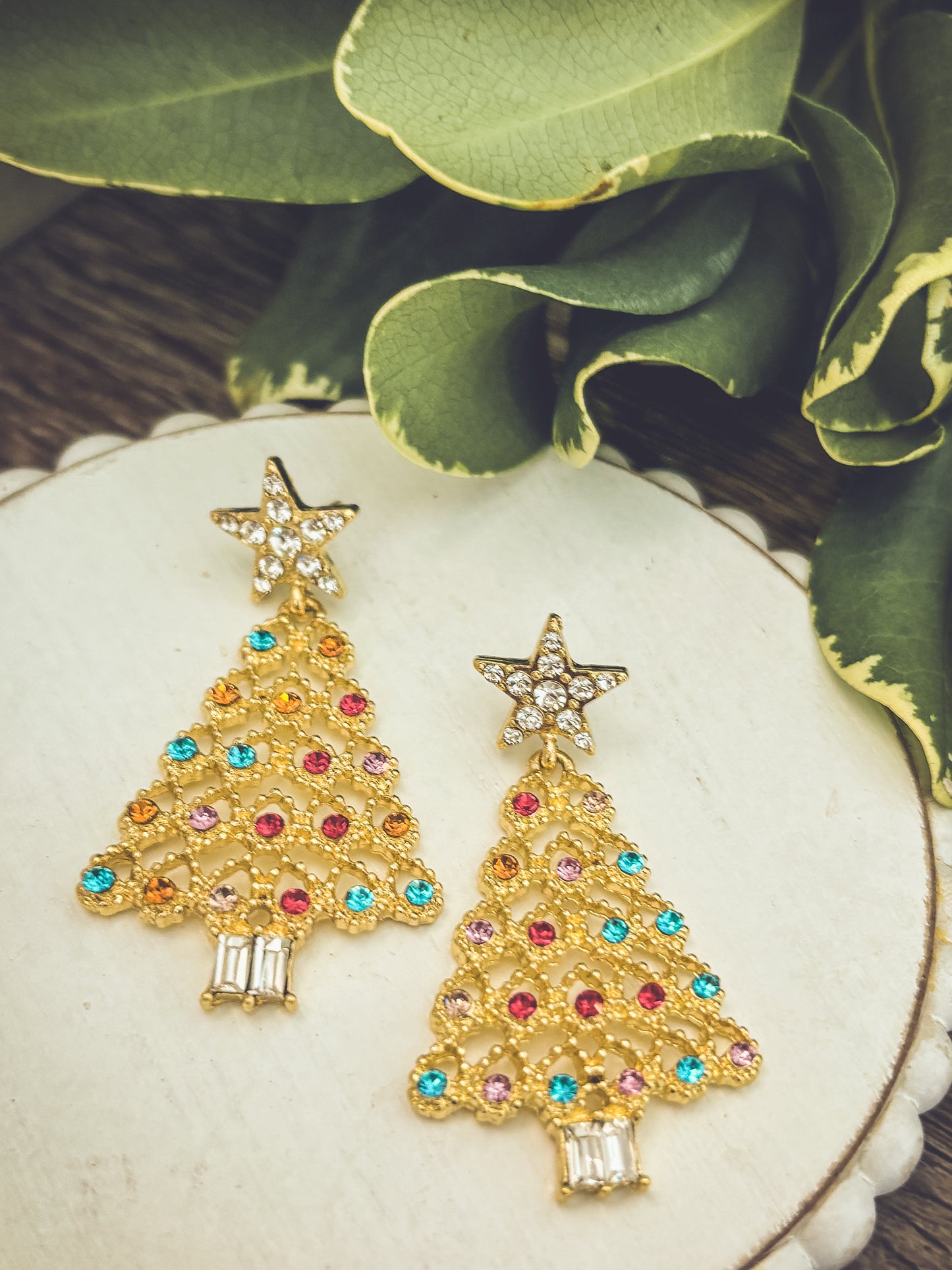 Beautiful Gold and Crystal Christmas Tree Earrings