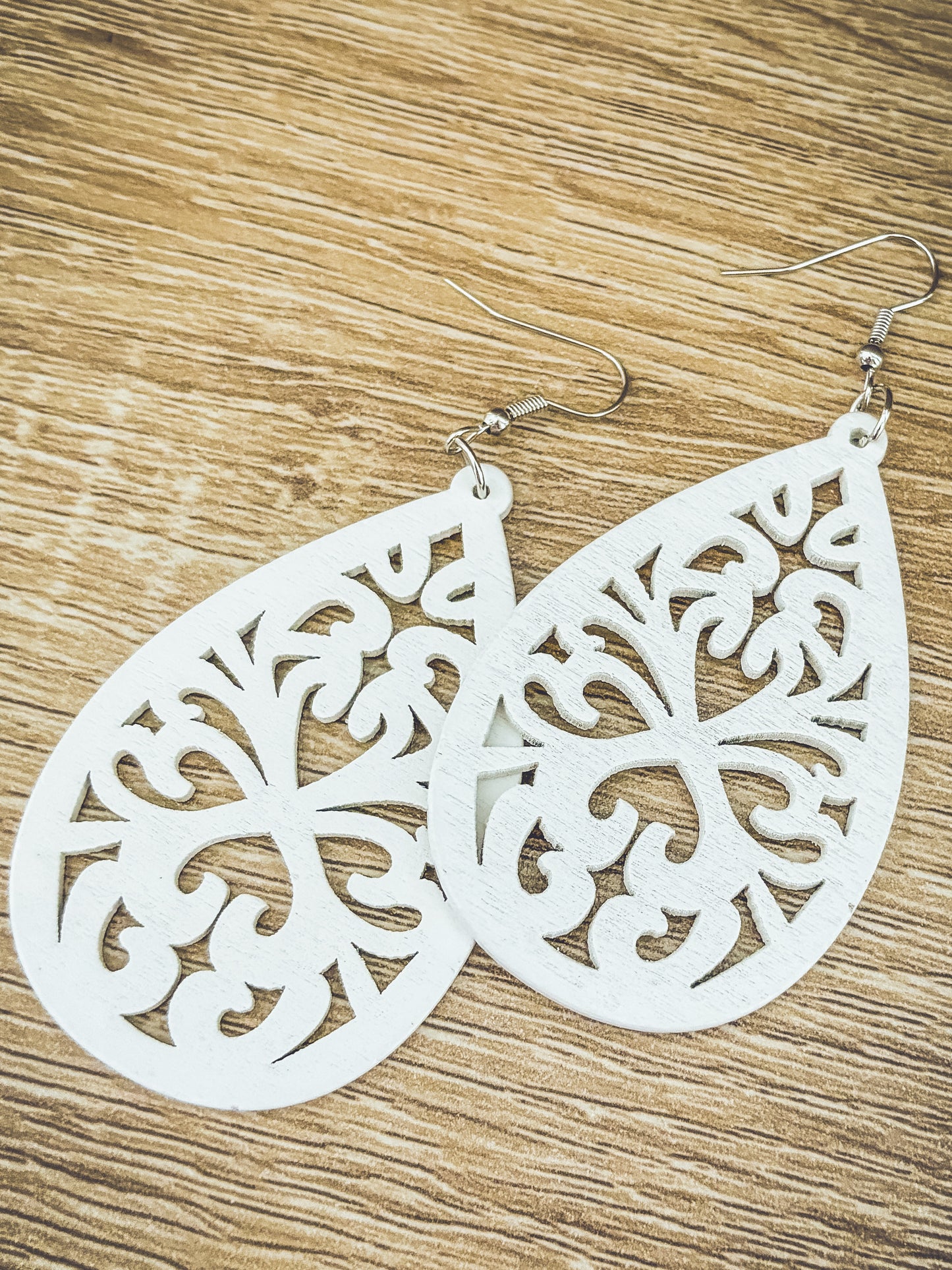 Beautiful White Wood Laser Cut Drop Earrings