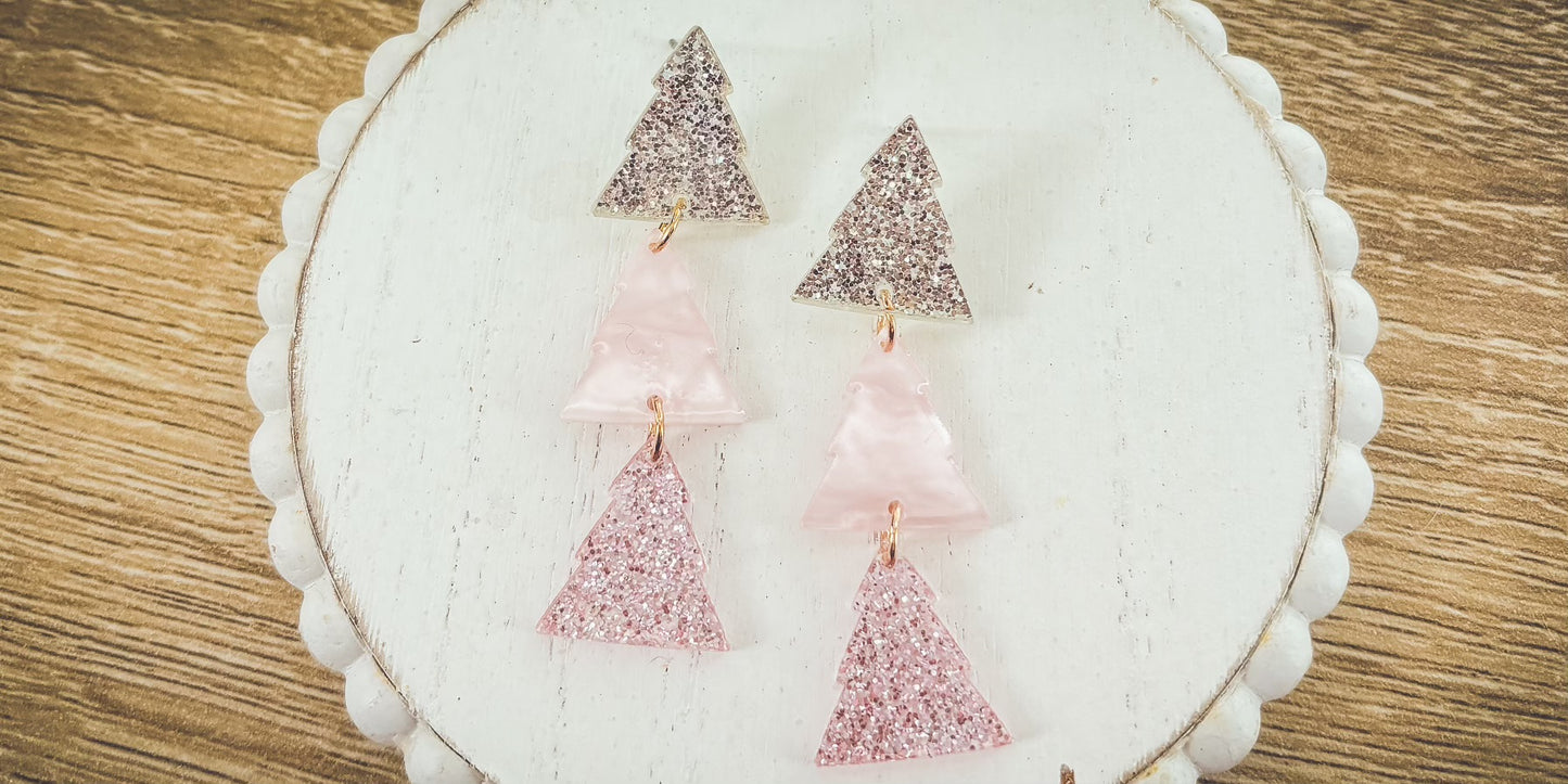 Beautiful Pink Glimmer Christmas Tree Earrings