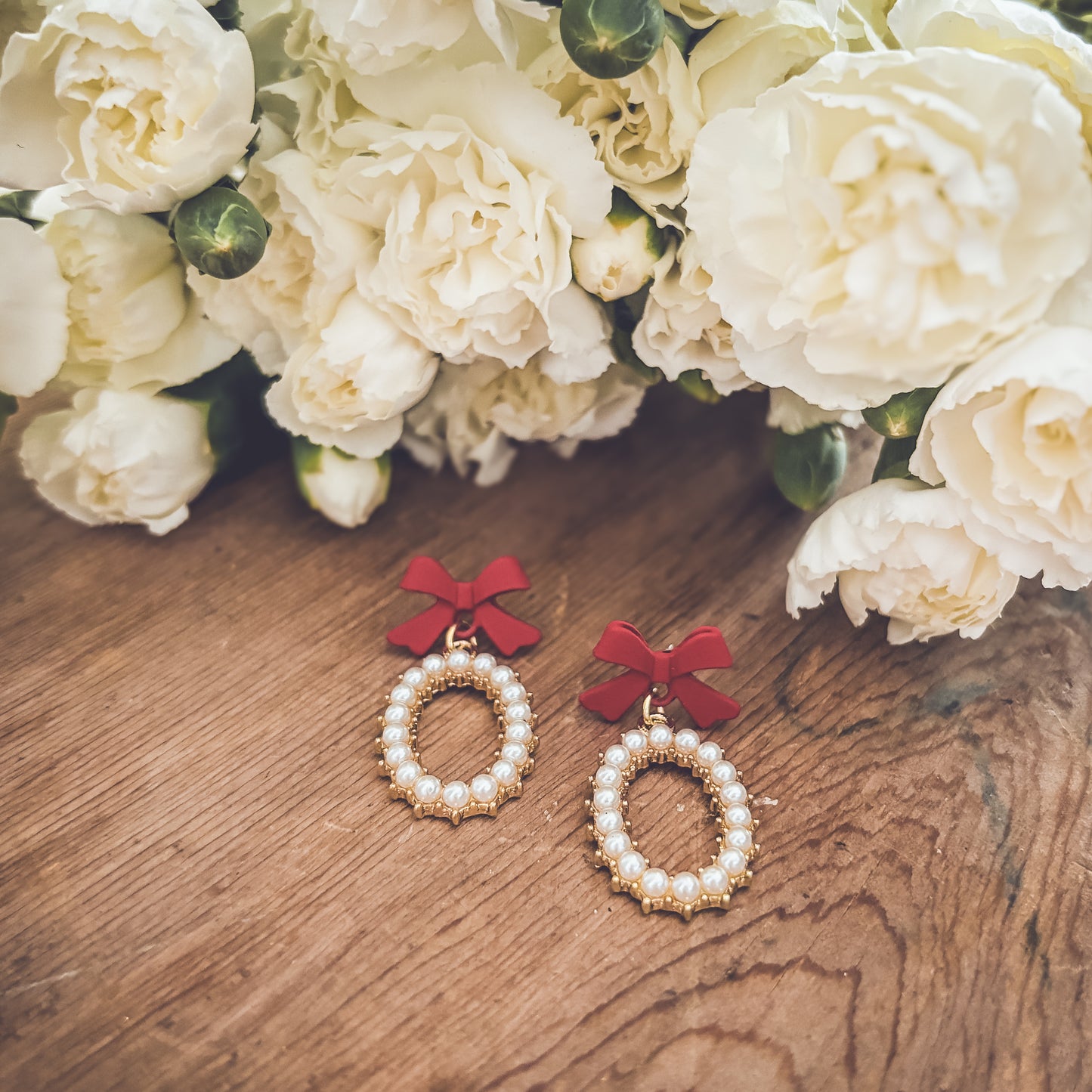 Beautiful Red Bow and Pearl Earrings