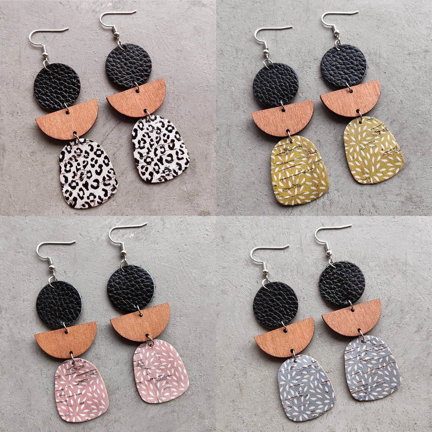 Beautiful Geometric Leather, Cork and Wood Earrings