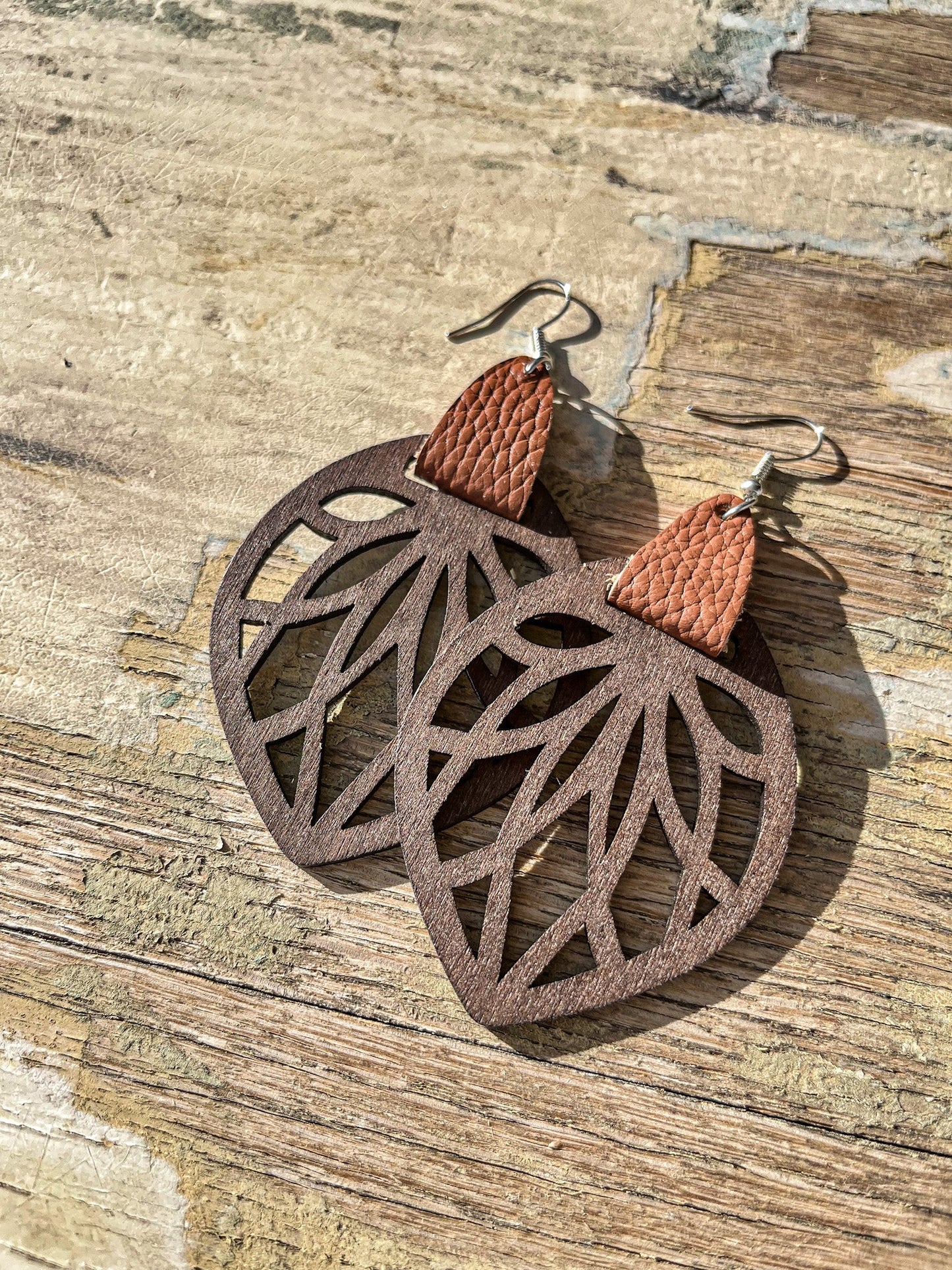 Genuine Leather Wrap Cutout Wood Leaf Drop Earrings