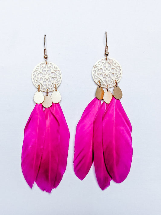 Beautiful Gold and Pink Feather Earrings