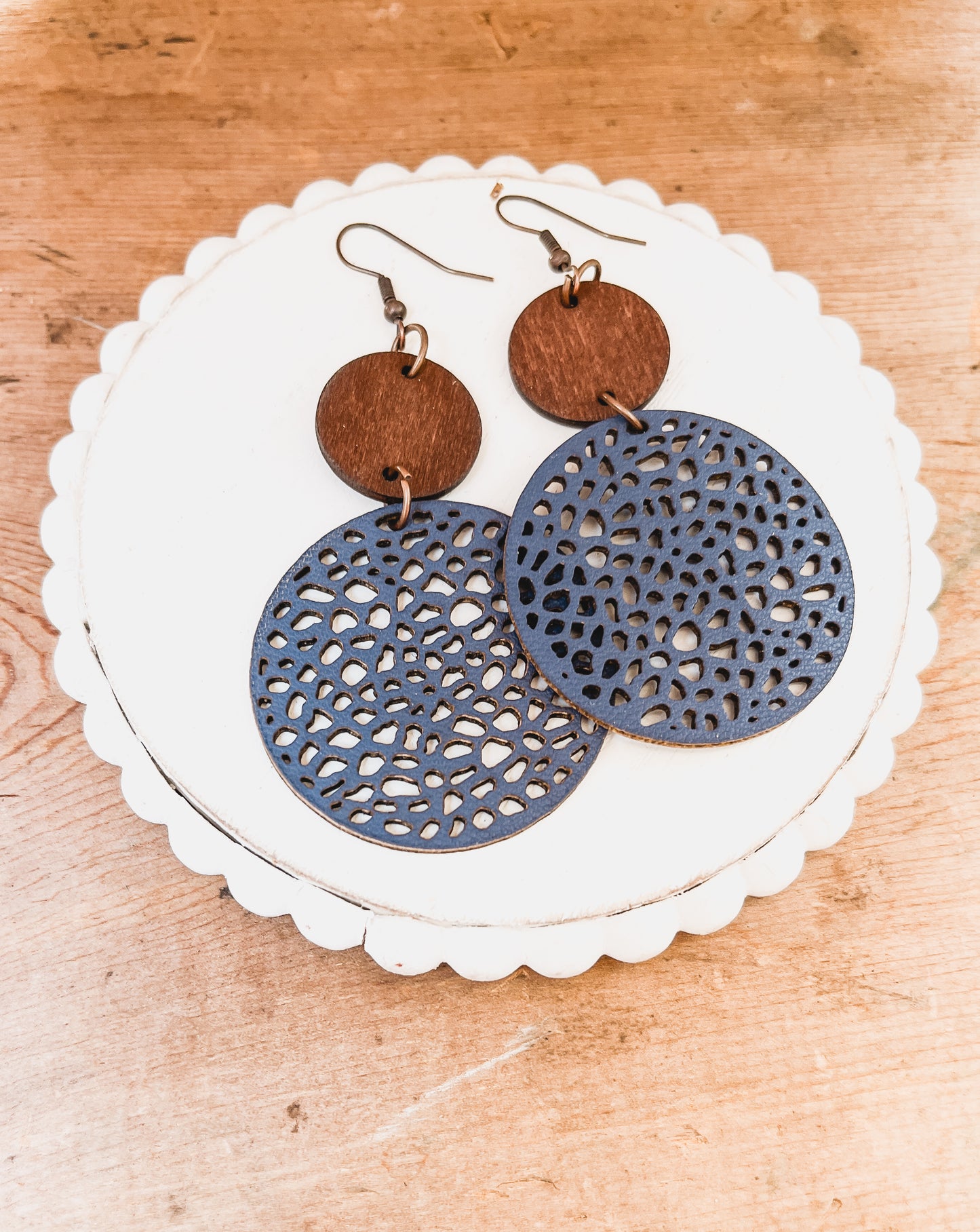 Beautiful Navy Blue Leather and Wood Earrings