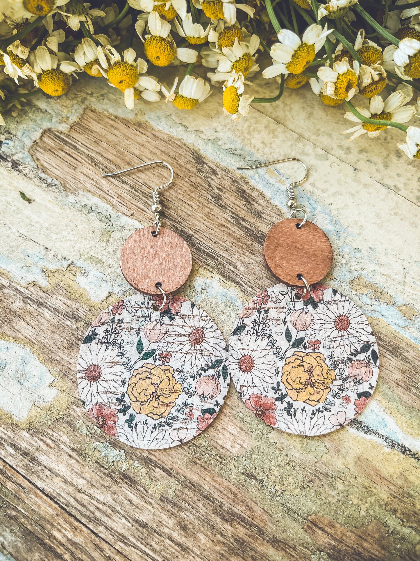 Beautiful Floral Wood and Cork Earrings