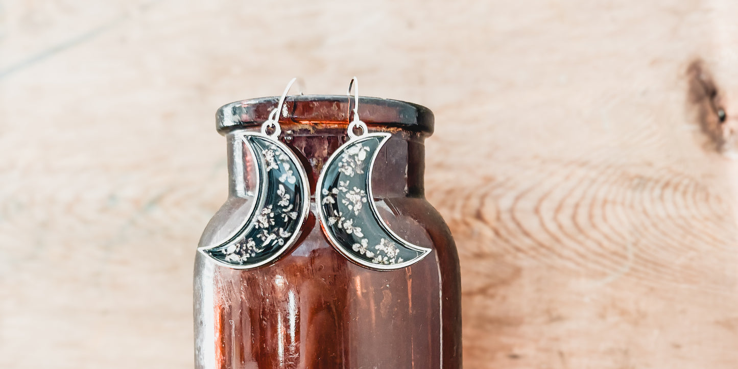 Midnight Moon Crescent Earrings with Pressed Flowers