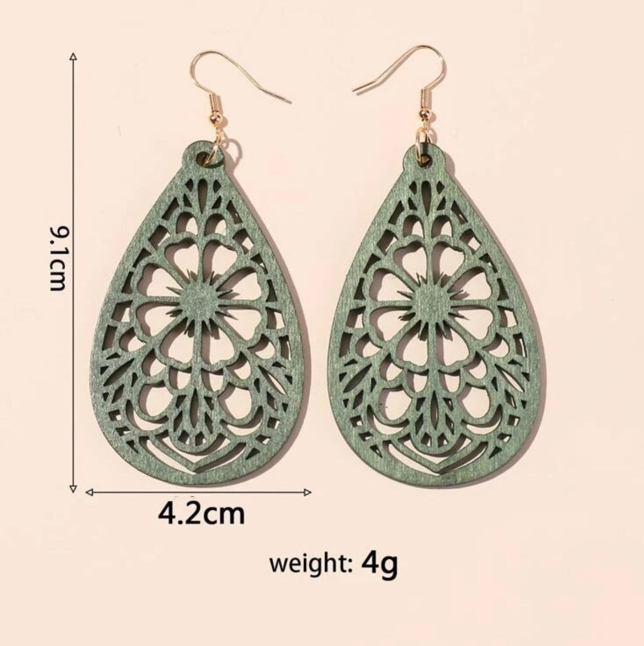 Beautiful Green Laser Cut Wood Floral Earrings