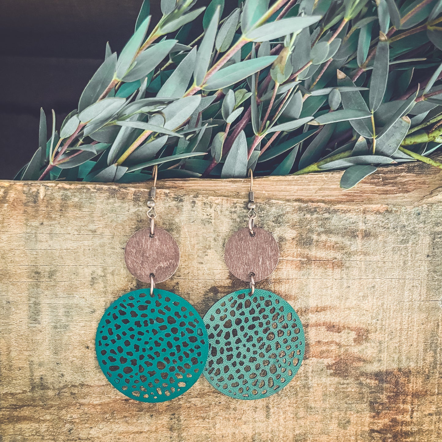 Beautiful Green Leather and Wood Earrings