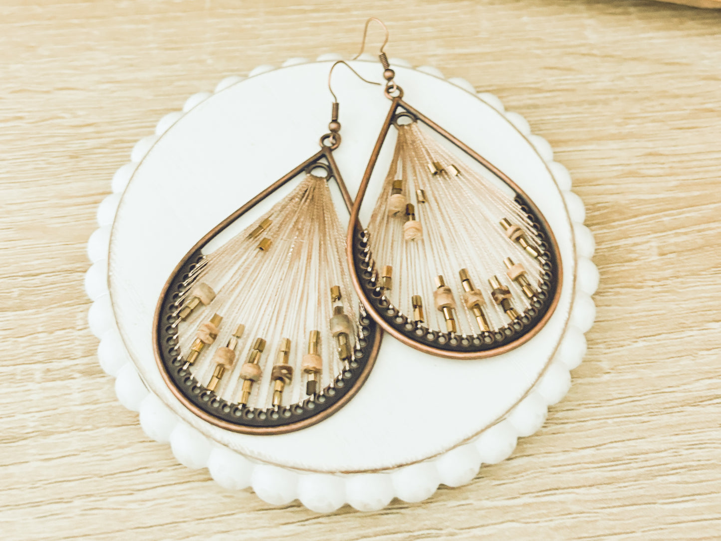 Large String and Wood Drop Earrings