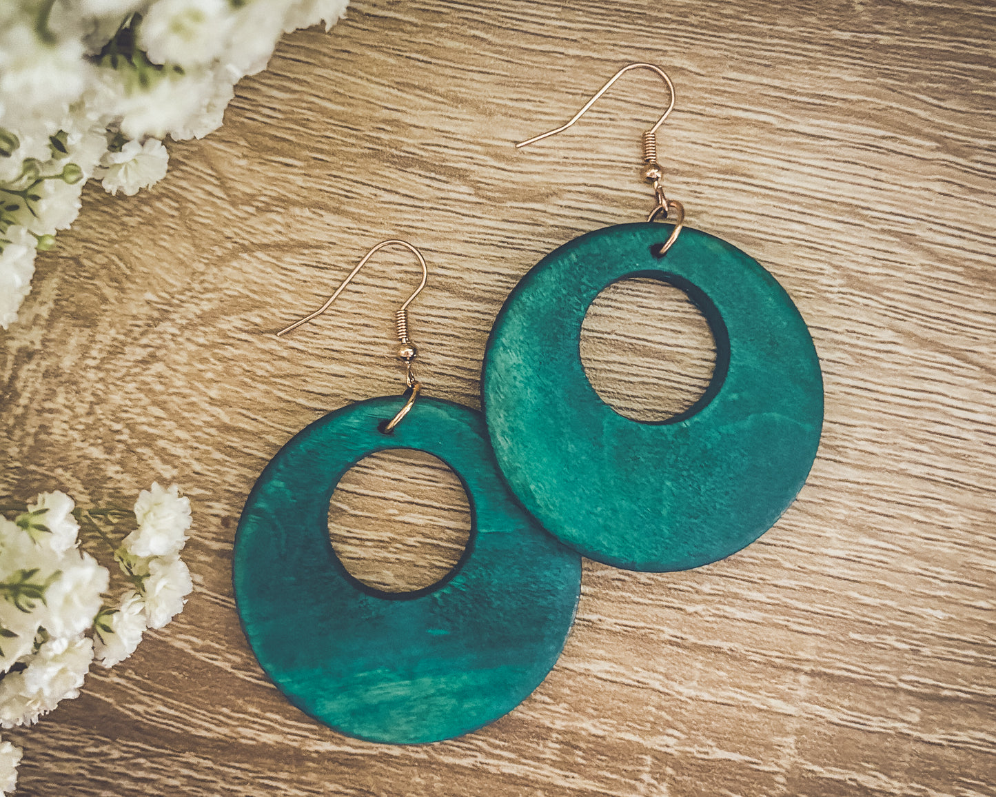 Beautiful Turquoise Wood Circle Earrings