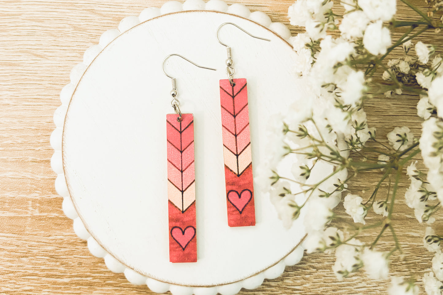 Beautiful Pink Heart Wood Earrings