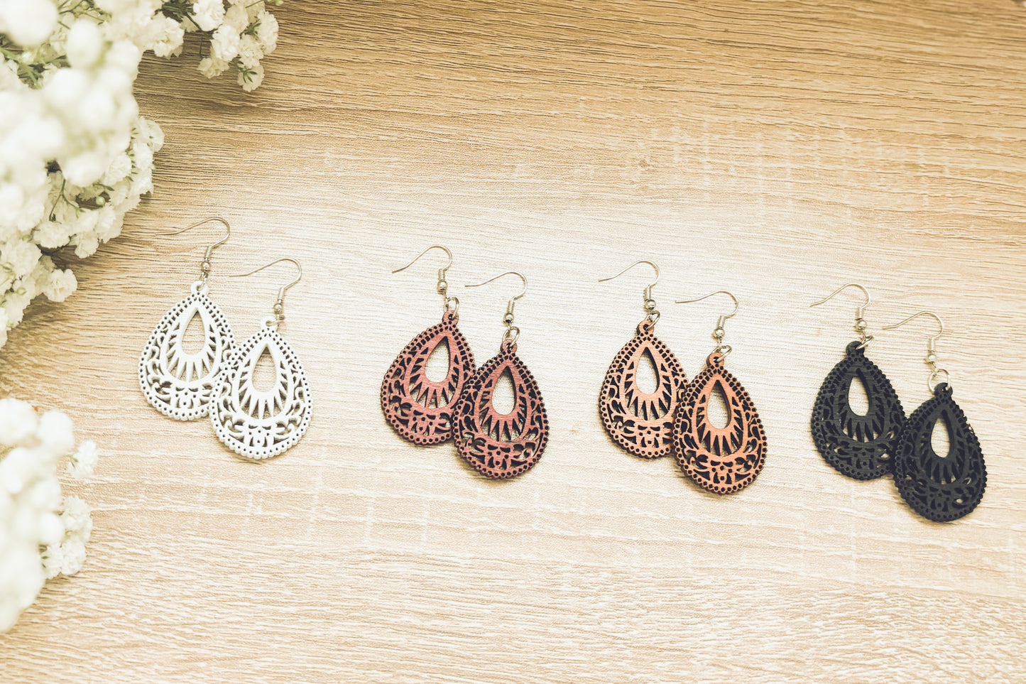 Set of Four Beautiful Carved Wood Earrings