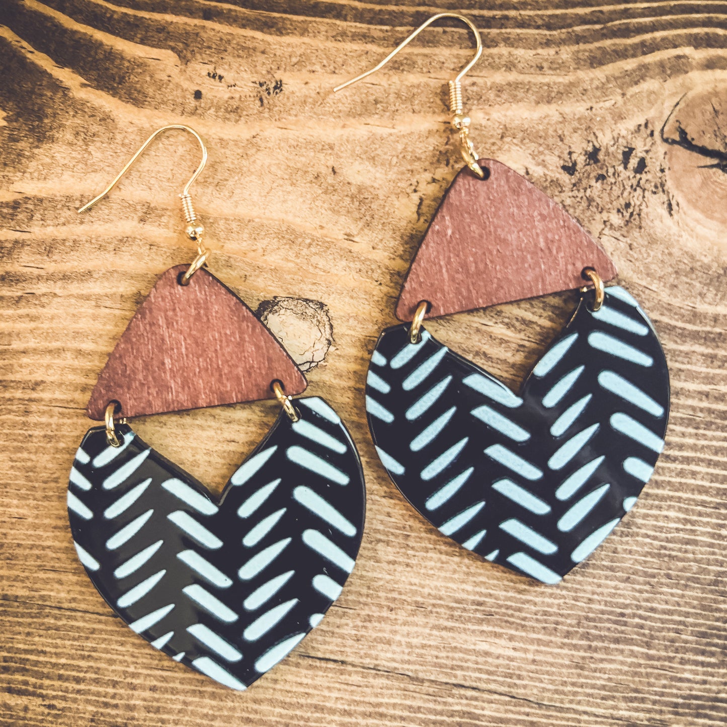 Beautiful Wood and Black and White Geometric Drop Earrings