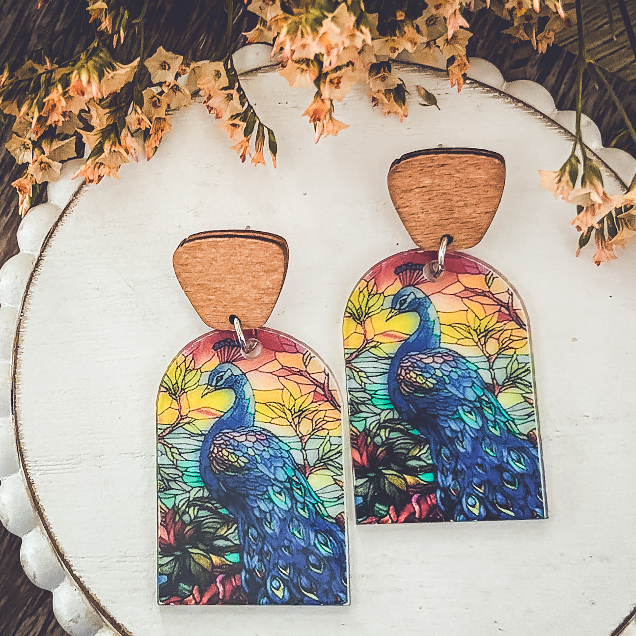 Beautiful Wood and Stained Glass Effect Earrings