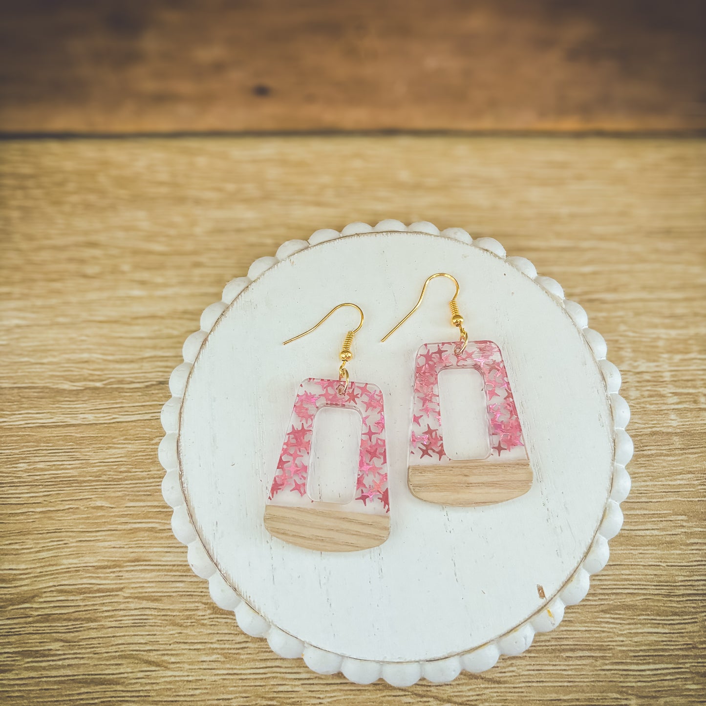 Beautiful Wood and Pink Fleck Resin Earrings