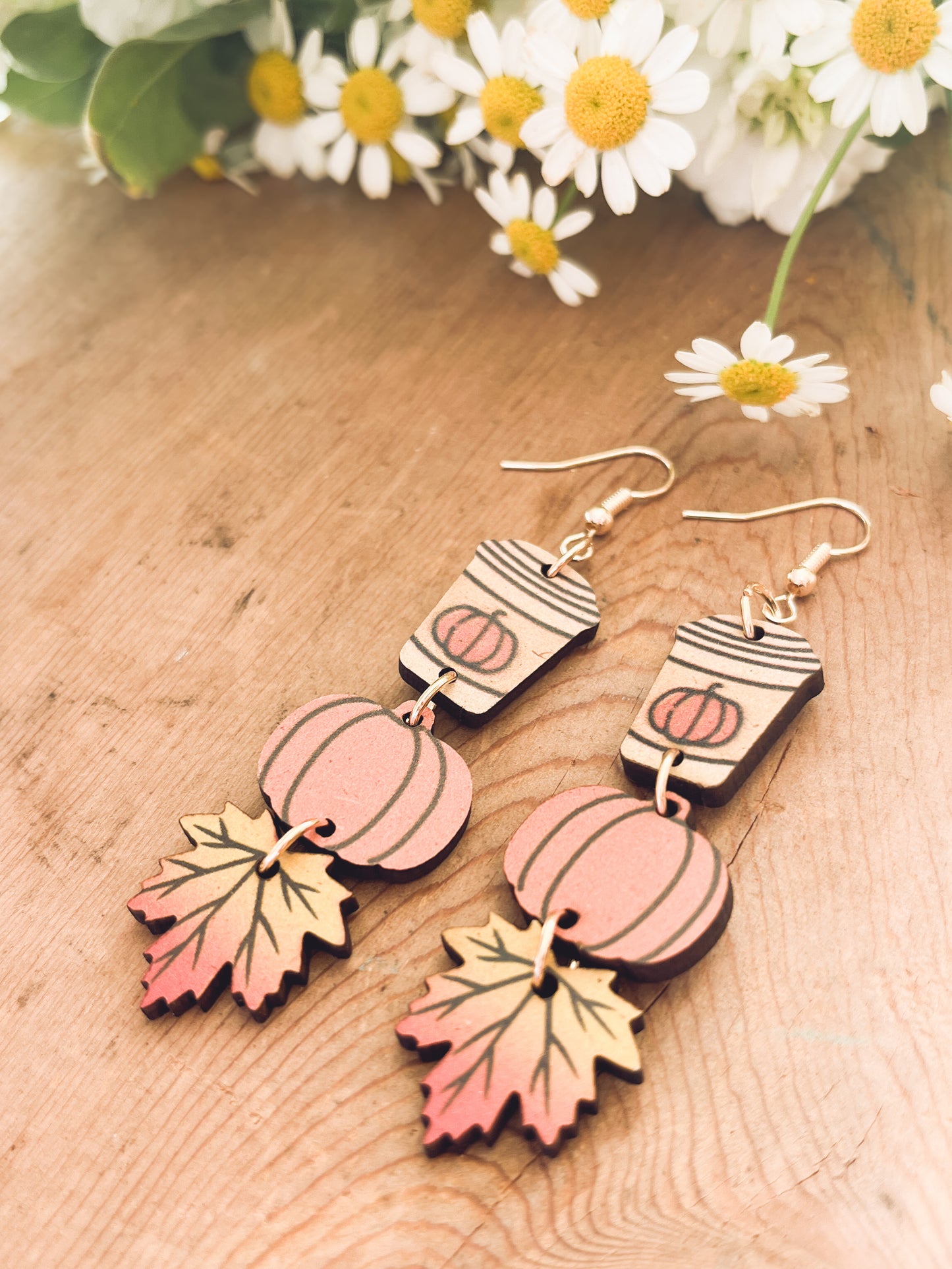 Adorable Fall Pumpkin Spice Coffee Wood Earrings