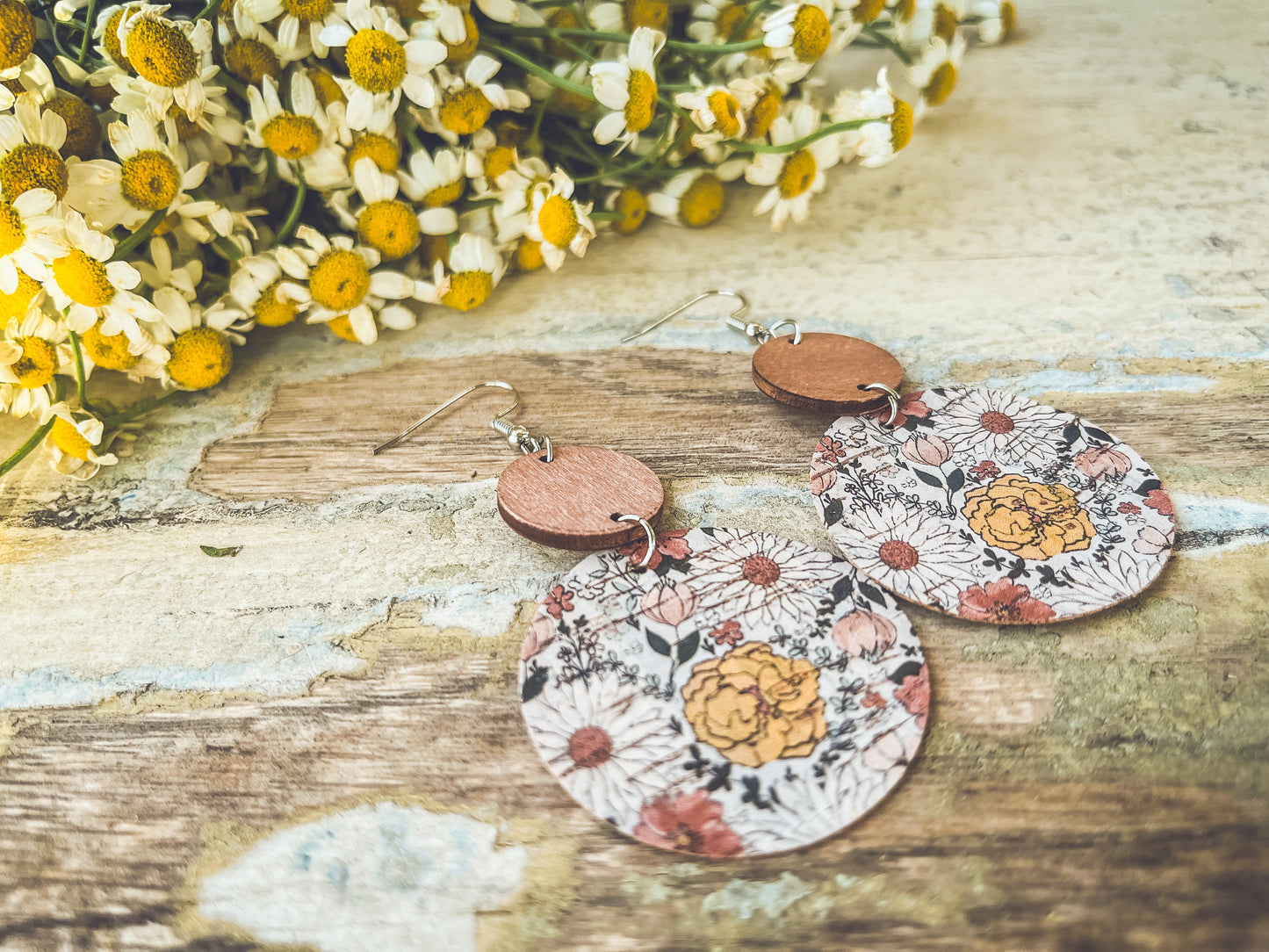 Beautiful Floral Wood and Cork Earrings