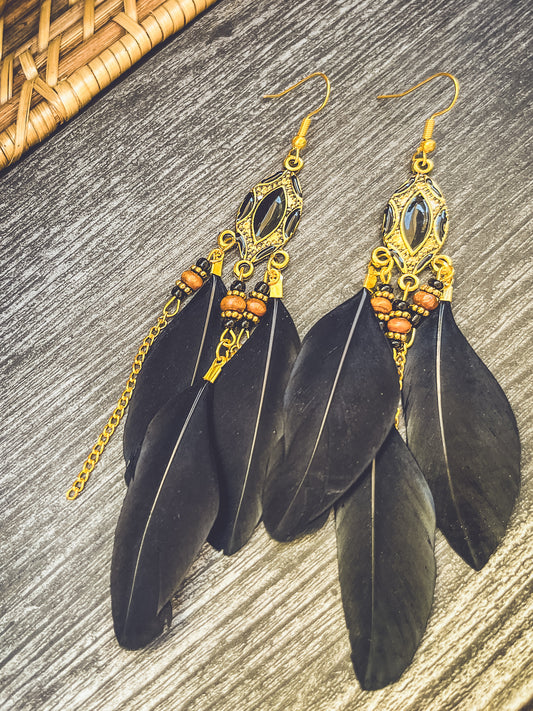 Beautiful Black Bohemian Feather Earrings