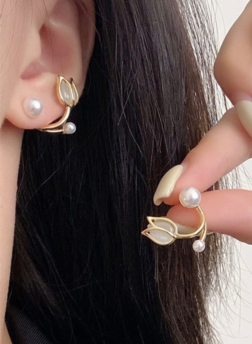 Beautiful Pearl and Tulip Flower Huggie Earrings