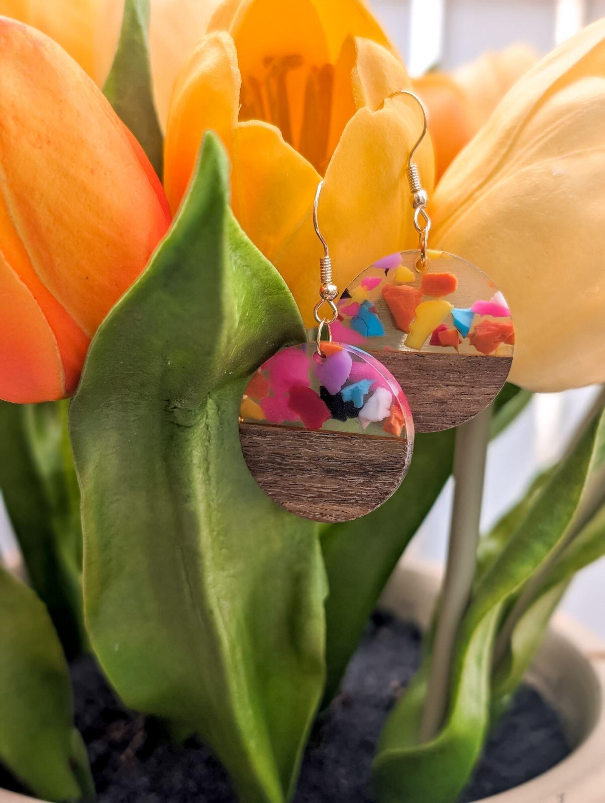 Confetti Resin Wood Circle Earrings