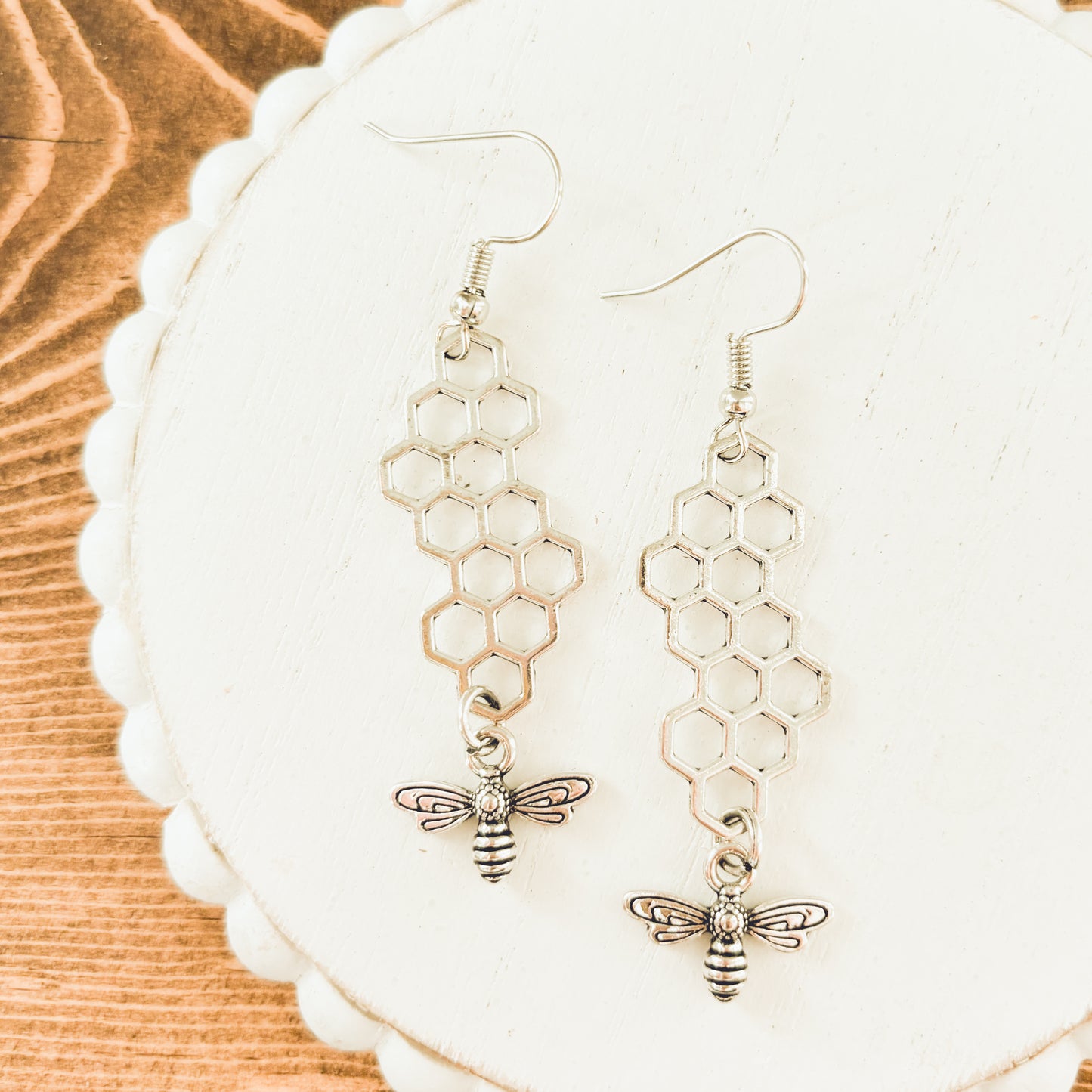 Gold or Silver Honeybee Honeycomb Earrings