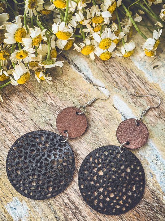 Beautiful Black Leather and Wood Earrings