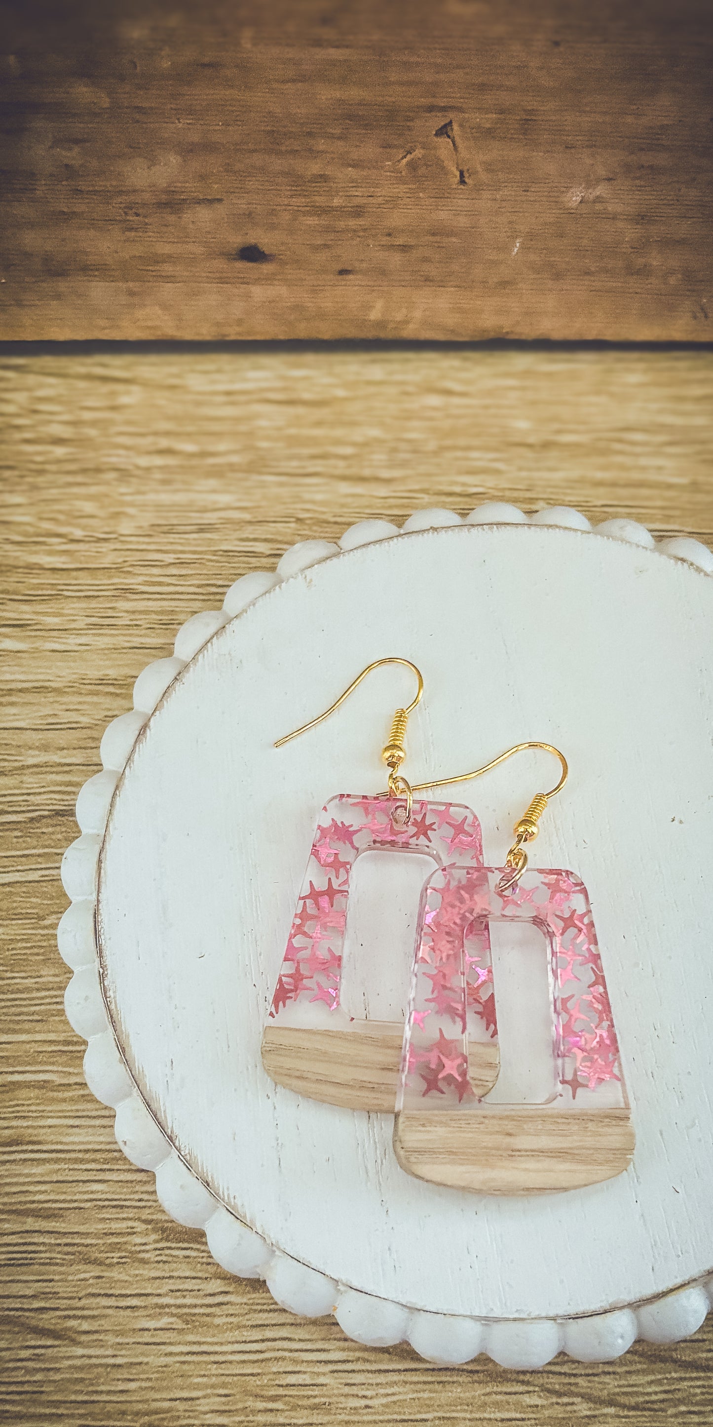 Beautiful Wood and Pink Fleck Resin Earrings