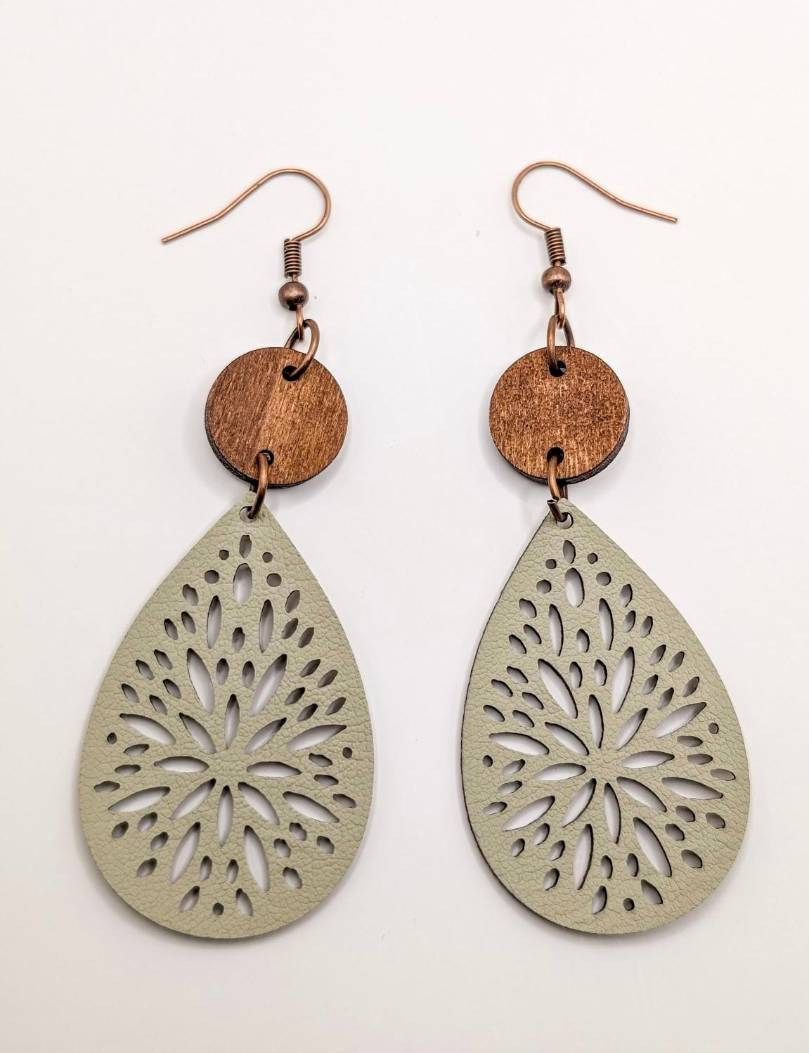 Beautiful Cream Leather and Wood Earrings