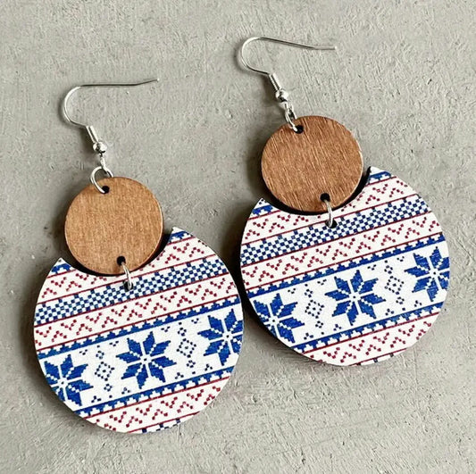 Beautiful Red and Blue Wooden Snowflake Earrings