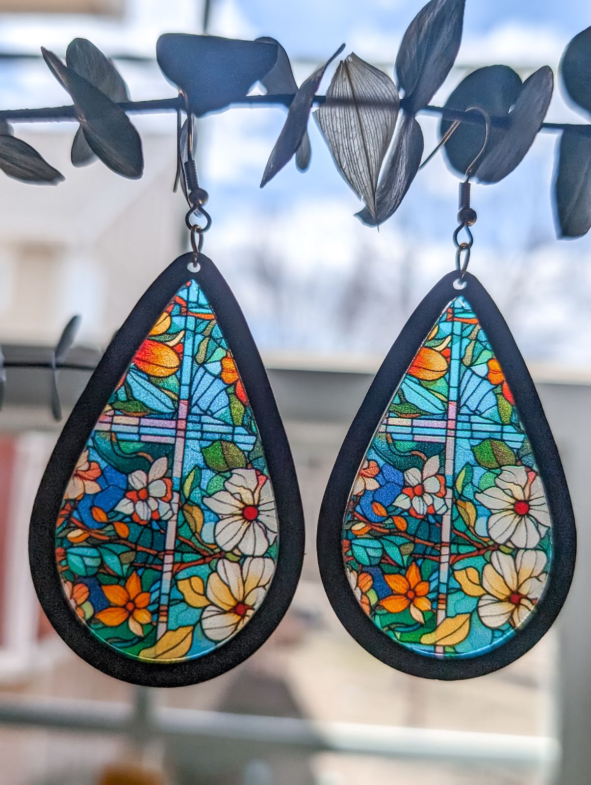 Beautiful Wood and Stained Glass Effect Earrings