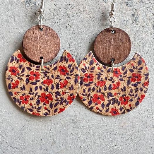 Beautiful Purple and Red Cork and Wood Floral Earrings