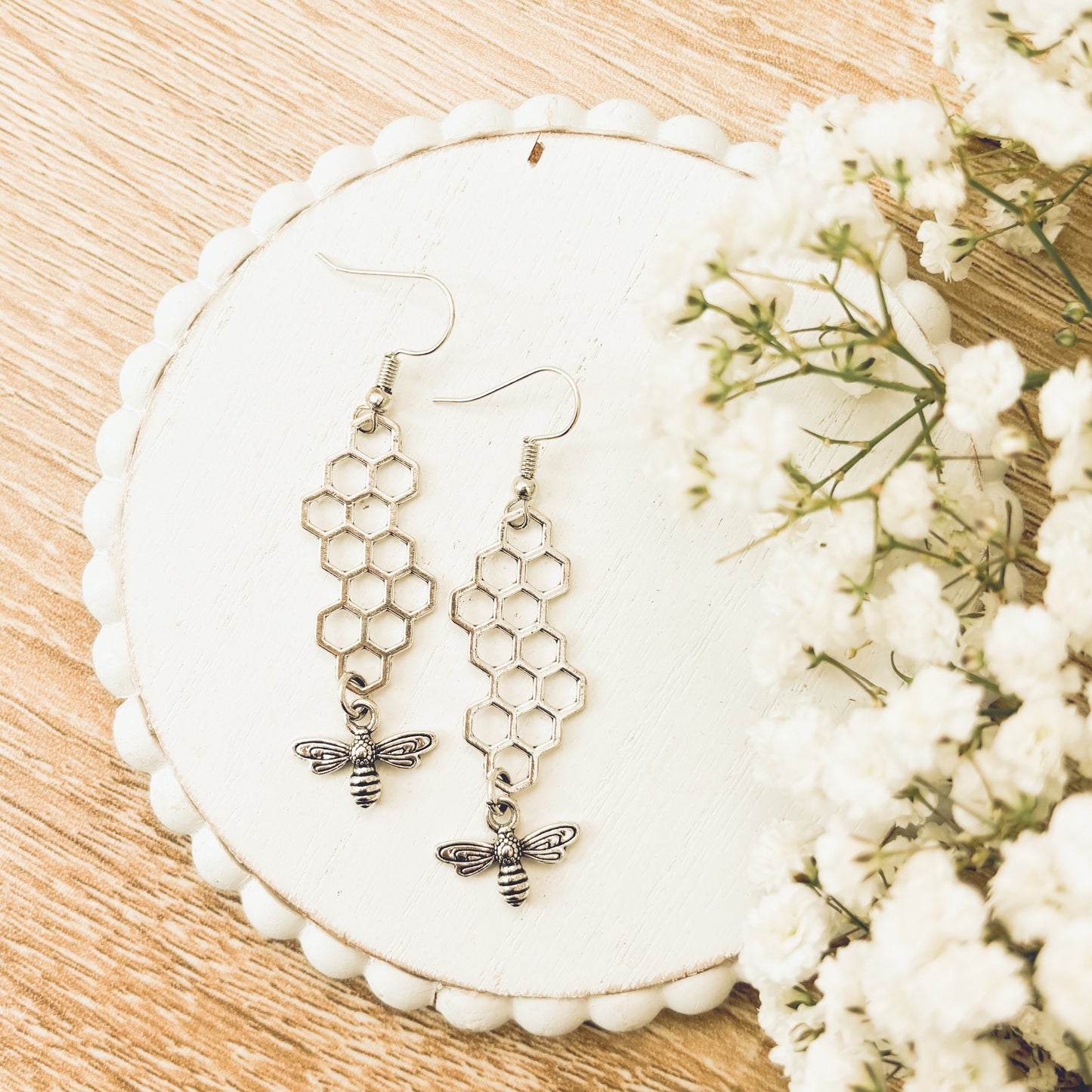 Gold or Silver Honeybee Honeycomb Earrings