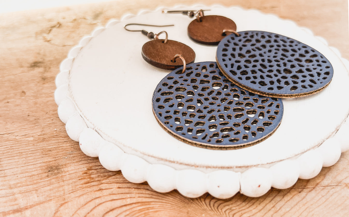 Beautiful Navy Blue Leather and Wood Earrings