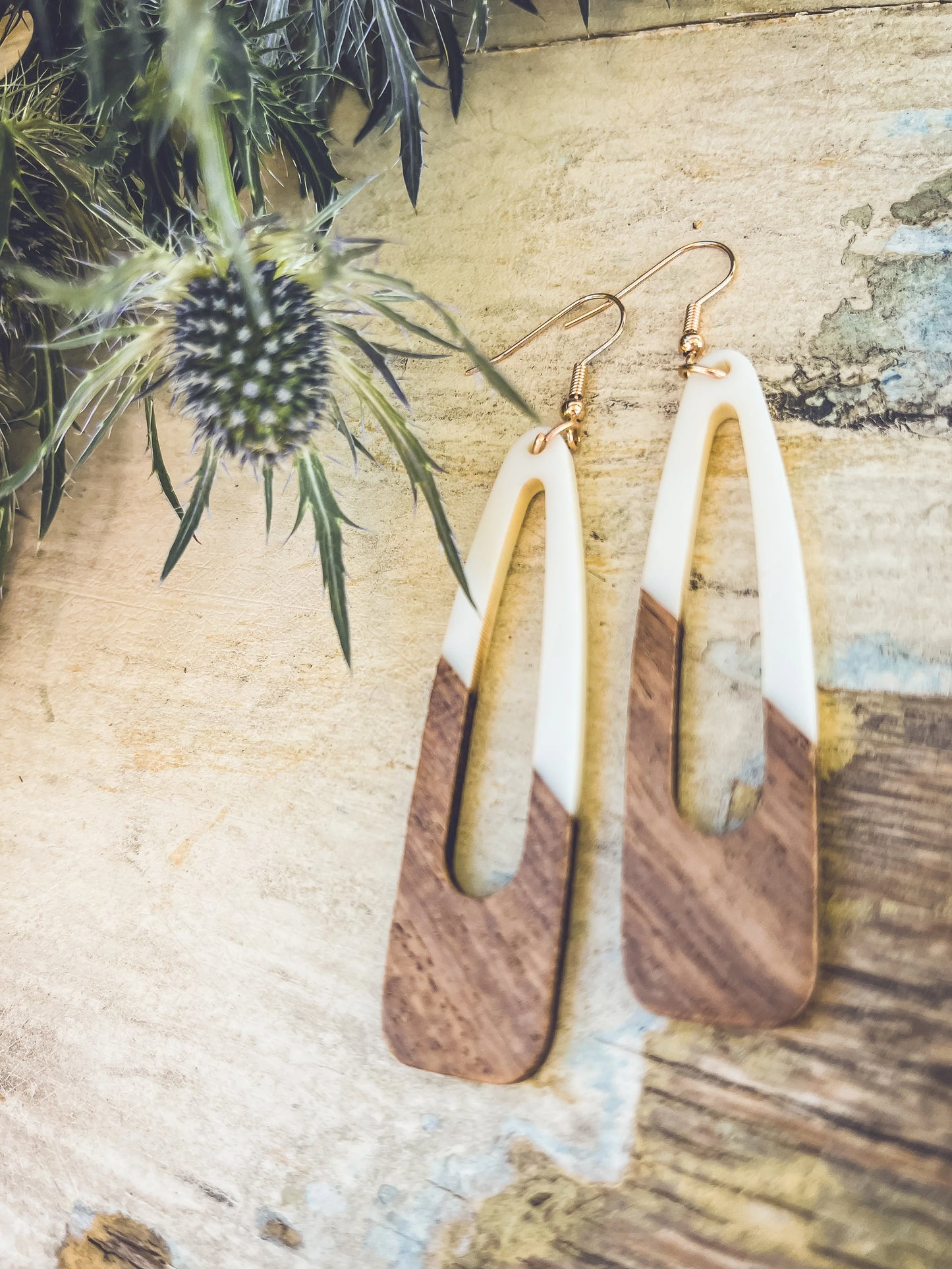 Beautiful White Wood and Resin Earrings